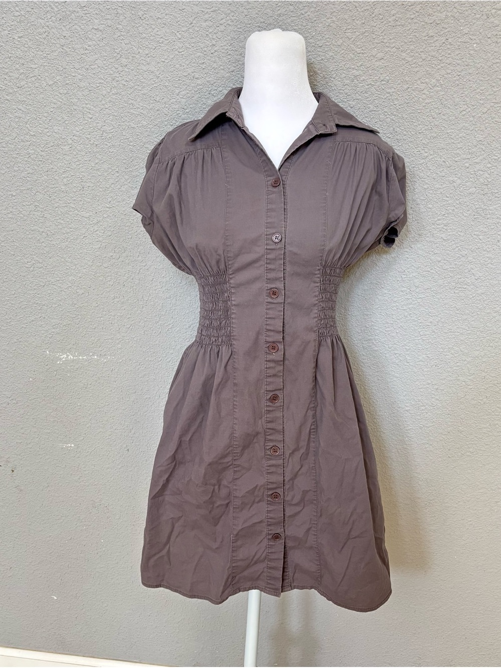 Button-Front Gray Shirt Dress with Smocked Waist